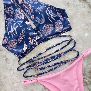 New Handmade Navy and Pink Bikini Set